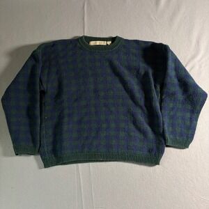 Vintage Meredith Townsend Green Navy Checkered Cotton Knit Sweater Womens Medium